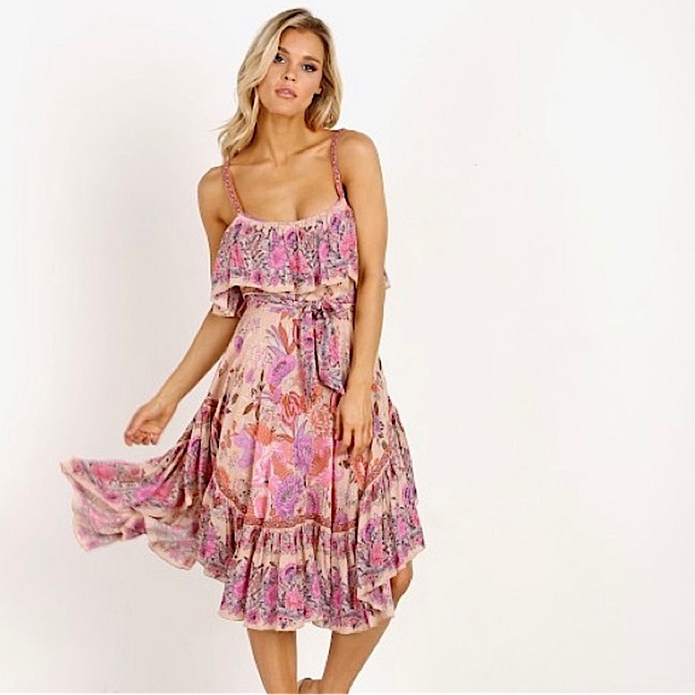 Spell Pink Floral Ruffle Tie-Waist Midi Dress